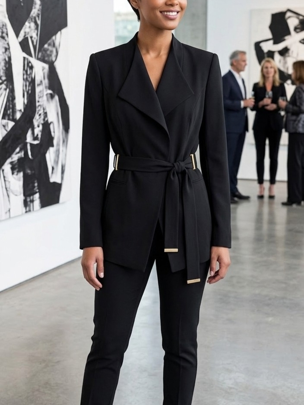 Calvin Klein Black Tailored Wrap Blazer with Gold Accents